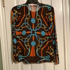 J. McLaughlin size L lightweight long sleeve sweater in brown/orange/teal